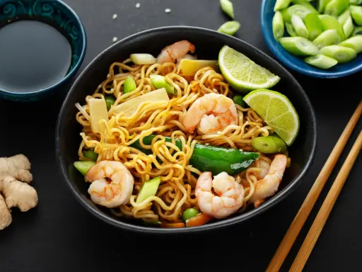 Makaron chow mein z krewetkami, warzywami i limonką, podany z sosem sojowym i imbirem.