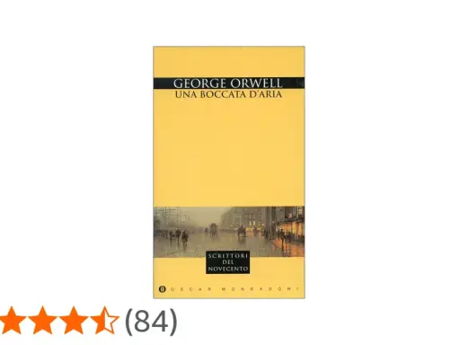 Copertina di "Una boccata d'aria" di George Orwell, con un'illustrazione di una strada cittadina nebbiosa e carrozze.