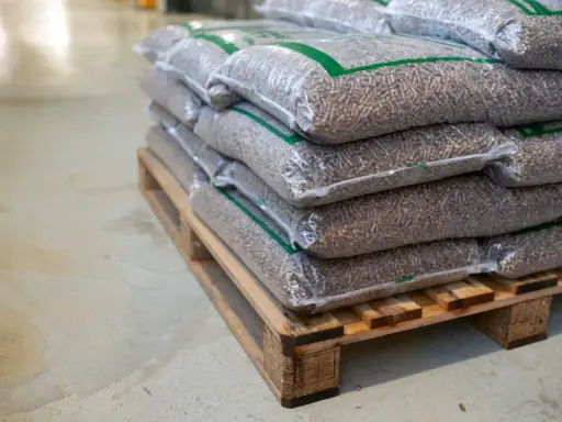 Palettes de sacs de granulés de bois, prêts à offrir un excellent pouvoir calorifique pellet pour le chauffage.