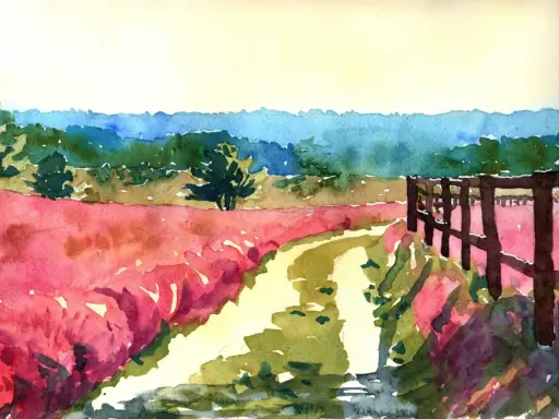 Eine farbenfrohe landschafts malerei mit einem Feld voller leuchtend roter Blumen, einem Feldweg und einem Holzzaun.