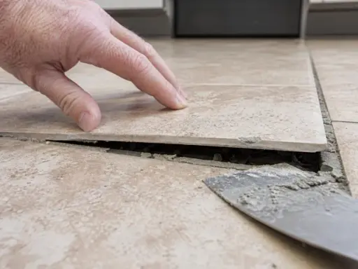 Dłoń sprawdza luźną płytkę, pod którą widać dziurę w płytce podłogowej i resztki zaprawy.