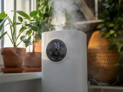 Luftbefeuchter sorgt für optimale Luftfeuchtigkeit für Pflanzen. Nebel steigt auf und umhüllt die grünen Blätter.