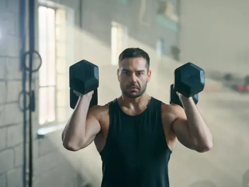 Mann hebt Hanteln im Fitnessstudio. Geduld ist der Schlüssel, wenn man fragt: Muskelaufbau wann sichtbar?