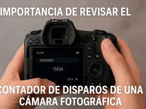 El contador de disparos de una cámara fotográfica muestra 15034. Es importante revisar cuántos disparos dura una cámara.