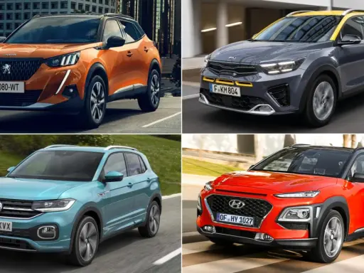 Cuatro tipos de coche modernos: un Peugeot naranja, un Kia gris y amarillo, un Volkswagen azul y un Hyundai rojo.