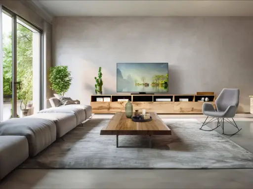 Modernes Wohnzimmer mit großem Sofa, TV-Möbel und Schaukelstuhl. Tolle kabel verstecken ideen für ein aufgeräumtes Ambiente.