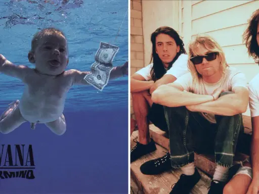 En bebis simmar under vattnet mot en dollar-sedel, bredvid medlemmar av Nirvana.