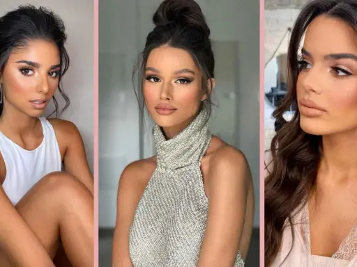 Tre donne con carnagione olivastra esaltata da makeup sui toni del nude e bronzo. Colori che stanno bene alle more con carnagione olivastra.