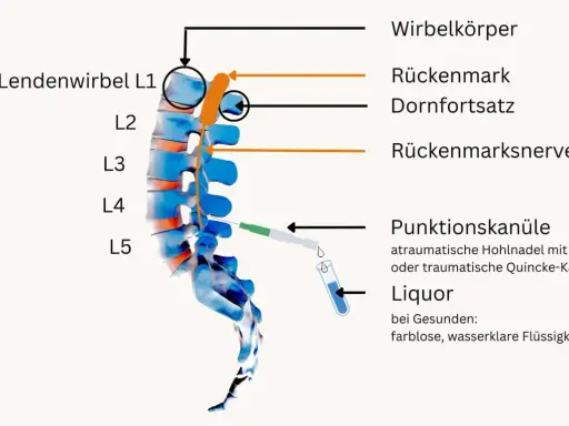 Illustration zeigt Lumbalpunktion mit Punktionskanüle im Bereich L4/L5. Mögliche Nervenreizung nach Lumbalpunktion wird durch die Nähe zum Rückenmark und den Nerven dargestellt.