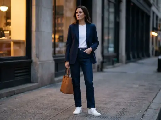 Kobieta w granatowej marynarce, białej koszulce i jeansach, z brązową torebką. Idealny smart casual na imprezę.