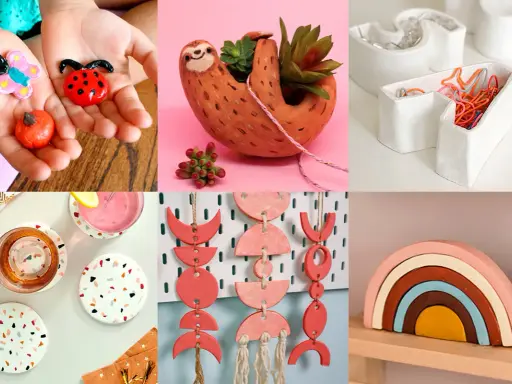 Créations en **diy argile autodurcissante** : porte-plante paresseux, sous-verres terrazzo, décorations murales et arc-en-ciel.