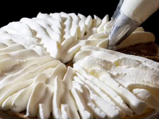 Garniture d'une tarte avec une poche à douille, évoquant la recette crémeux vanille Michalak.