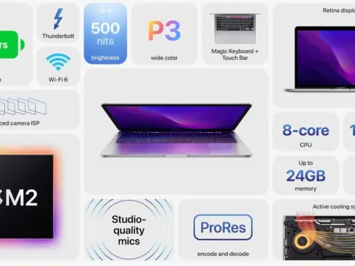 MacBook Pro z procesorem M2, oferujący do 20 godzin pracy na baterii, jasny wyświetlacz Retina, wydajny procesor i kartę graficzną, a także szybki dysk SSD.