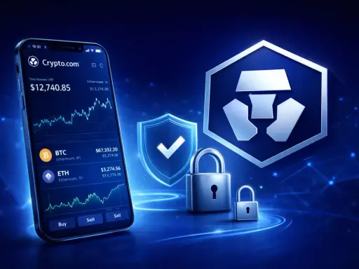 Telefon z aplikacją Crypto.com pokazuje saldo i wykresy kryptowalut. Obok logo Crypto.com i symbol bezpieczeństwa.