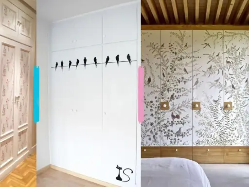 Armarios empotrados con diseños florales y de pájaros, perfectos para forrar armario empotrado con estilo.