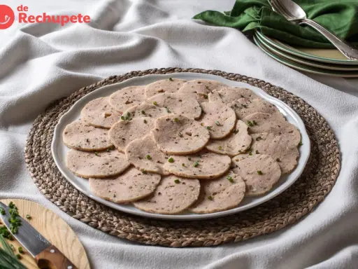 Rodajas de fiambre de pollo casero, decoradas con cebollino fresco, listas para disfrutar.