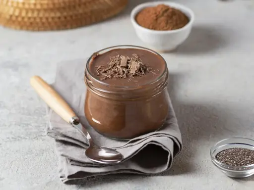 Pudding proteinowy z czekoladą, idealny na deser. Obok nasiona chia i kakao, sugerujące, z czym jeść.