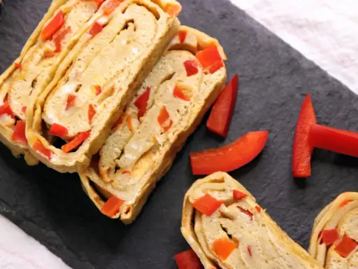 Roladki omletu tamago z kawałkami czerwonej papryki, ułożone na czarnej desce.