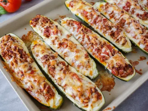 Gefüllte Zucchini-Hälften mit Hackfleisch und Käse überbacken – ein Beweis für die besten Zucchini Rezepte.