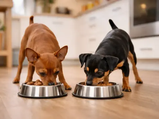 Deux pinschers nains mangent dans leurs gamelles. La quantité de nourriture est adaptée à leur petite taille.