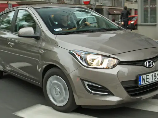 Brązowy Hyundai i20 na drodze. Kiedy wymiana łańcucha rozrządu w tym modelu? Zapytaj mechanika.