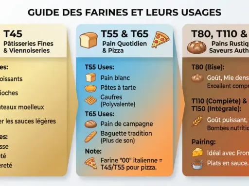 Guide des farines : T45 pour pâtisseries fines, T55/T65 pour pain quotidien et pizza, T80/T110/T150 pour pains rustiques. La farine pour pâtisserie T45 est idéale pour croissants et gâteaux.