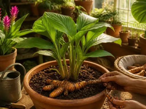 Arrosage d'un curcuma en pot. Des rhizomes orangés émergent de la terre, prêts à être plantés ou récoltés.