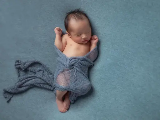 Neonato dorme avvolto in un telo blu, con le braccia sollevate e i pugni chiusi.
