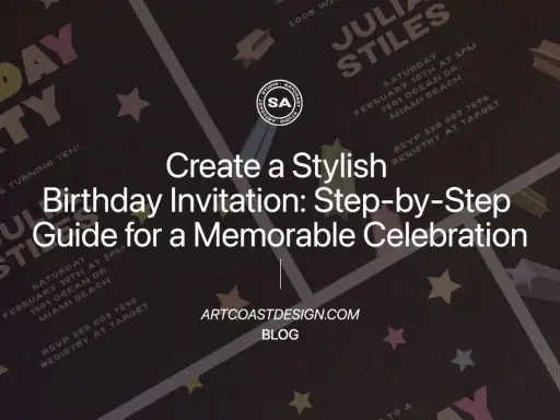 Una invitación de cumpleaños con un diseño moderno y estrellas. Aprende a crear la tuya.