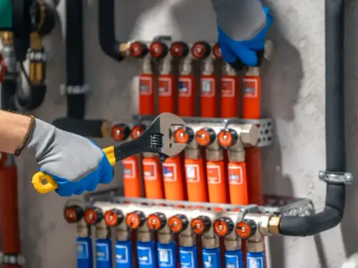 Ręce w rękawiczkach dokręcają kluczem elementy instalacji. Trwa podłączenie rozdzielacza podłogówki, zapewniając ciepło w domu.