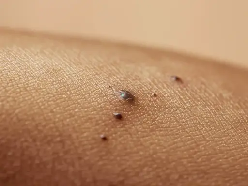 Zbliżenie na skórę nogi z kilkoma ciemnymi znamionami, w tym jedno większe, które może być czerniakiem.