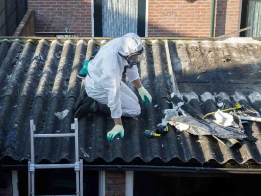 Travailleur en combinaison intégrale sur un toit en fibrociment, préparant le terrain pour une nouvelle peinture. Quelle peinture pour recouvrir peinture au plomb ?
