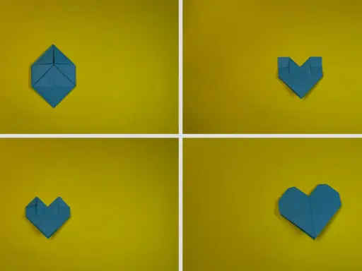Passaggi per creare un modellino cuore fai da te con origami blu su sfondo giallo.
