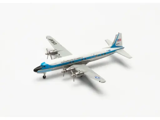 Modellflugzeug der US Air Force im Maßstab 1 zu 1000, mit blauen Streifen und der Aufschrift "UNITED STATES OF AMERICA".