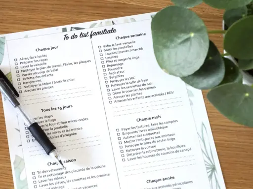 Une liste de tâches familiales avec des cases à cocher pour la planification des corvées quotidiennes, hebdomadaires, mensuelles et saisonnières.
