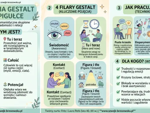 Terapia Gestalt w pigułce: świadomość, kontakt, tu i teraz. Nie działa dla tych, którzy unikają konfrontacji z emocjami.