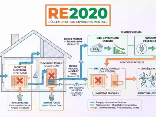 Schéma RE2020 : flux d'énergie électrique vers un radiateur, illustrant le rendement radiateur électrique et ses impacts.