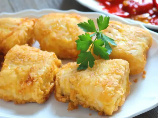 Merluza a la romana dorada y jugosa en un plato blanco con perejil.