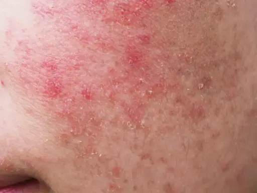 Gros plan sur une peau rougie et squameuse, signe d'une allergie cutanée au visage. Des plaques rouges et des petites pellicules sont visibles.