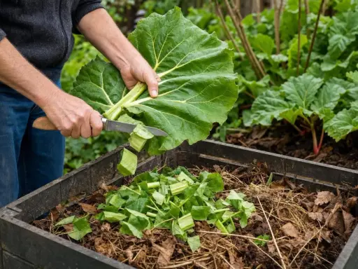 Un jardinier coupe une grande feuille de rhubarbe pour la mettre dans un composteur rempli de feuilles mortes.