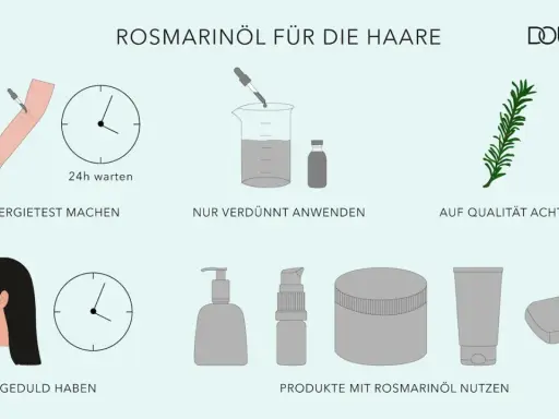Rosmarinöl für die Haare: Allergietest, verdünnt anwenden, Qualität prüfen. Geduld haben und Produkte mit Rosmarinöl nutzen.
