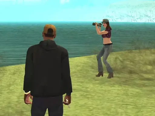 CJ w GTA SA VR próbuje zrobić zdjęcie z dziewczyną nad wodą.