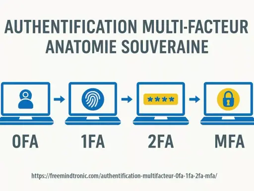 Illustration montrant l'évolution de l'authentification : d'un facteur (OF A) à l'authentification multi-facteur (MFA) via empreinte digitale et mot de passe.