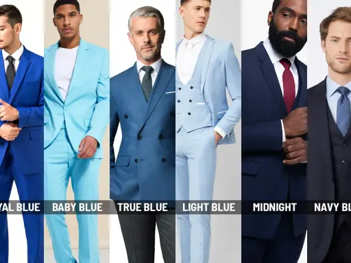 Six men model suits in various shades of blue, from royal blue vs navy blue, showcasing different styles and tones.