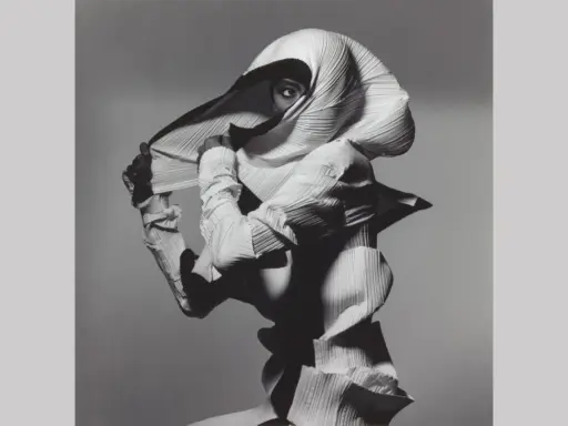 Modella con un abito plissettato bianco, un'opera d'arte di Irving Penn, che nasconde il viso tranne un occhio penetrante.