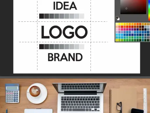 Schizzo di un logo e brand, con palette colori e strumenti di design. Perfetto per consulenza moda.