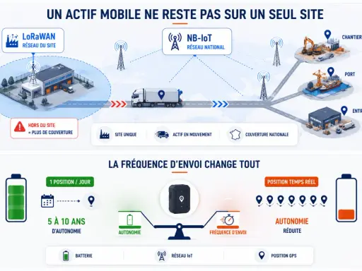 Schéma expliquant comment fonctionne un GPS pour un actif mobile : réseau LoRaWAN, NB-IoT, couverture nationale, et impact de la fréquence d'envoi sur l'autonomie.
