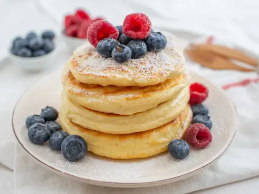 Puszyste pancakes z jagodami i malinami, idealne na zdrowe śniadanie. Ten przepis na zdrowe pancakes zachwyci każdego!