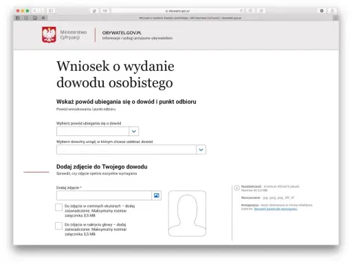 Formularz wniosku o wydanie dowodu osobistego z polami do wyboru powodu, urzędu i dodania zdjęcia.