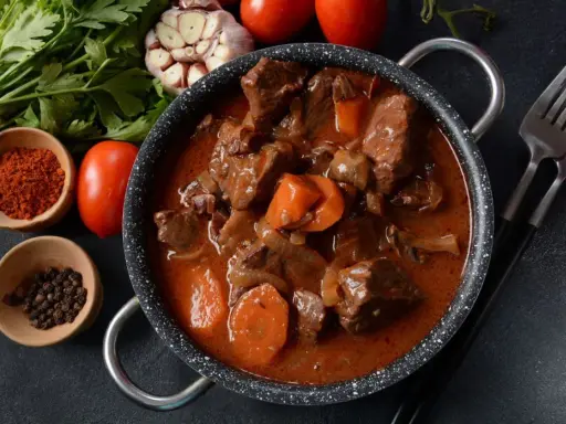Gęsty, aromatyczny gulasz z sarny w sosie z warzywami. Obok miseczki z papryką i pieprzem, czosnek, pomidory i natka pietruszki.